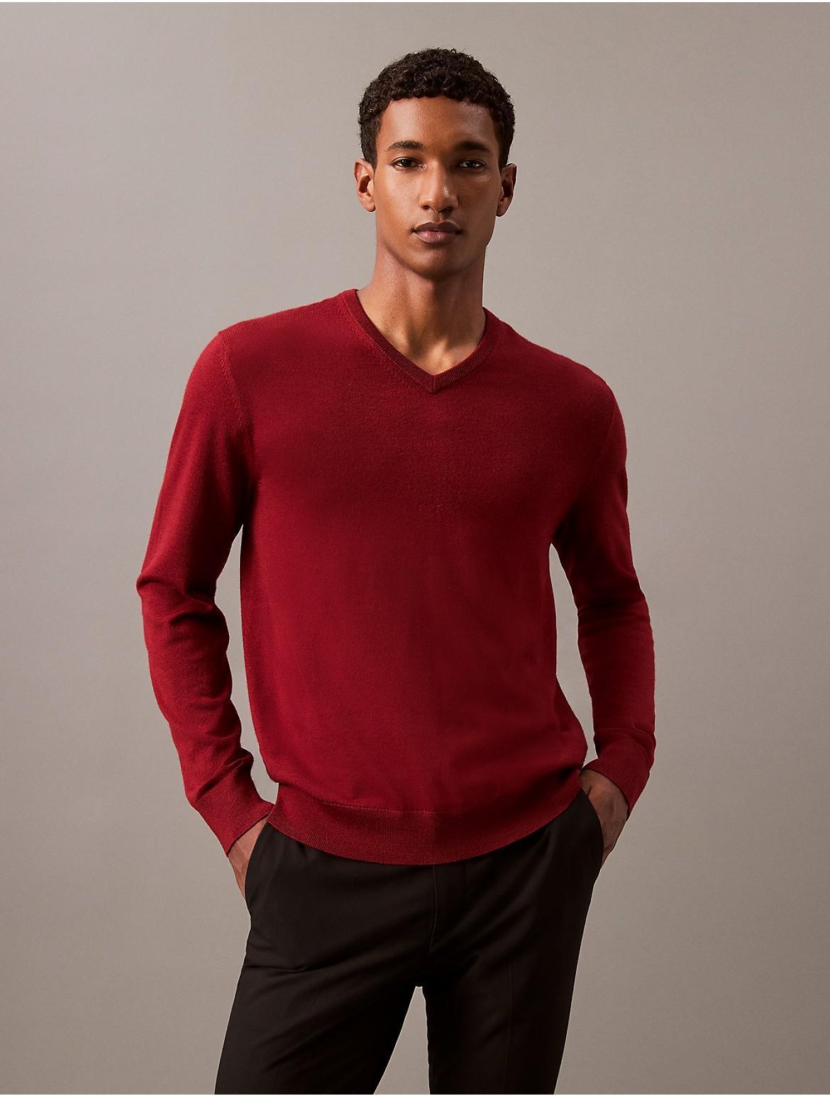 Calvin Klein Mens Extra Fine Merino Blend V-Neck Sweater - Red - L Product Image