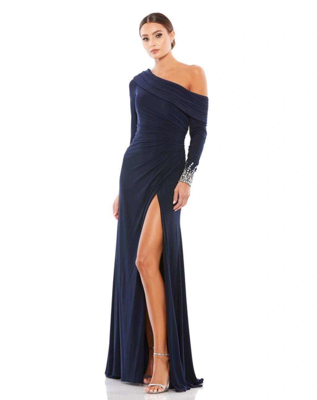 Womens One-Shoulder Jersey Ruched Side Slit Gown Product Image