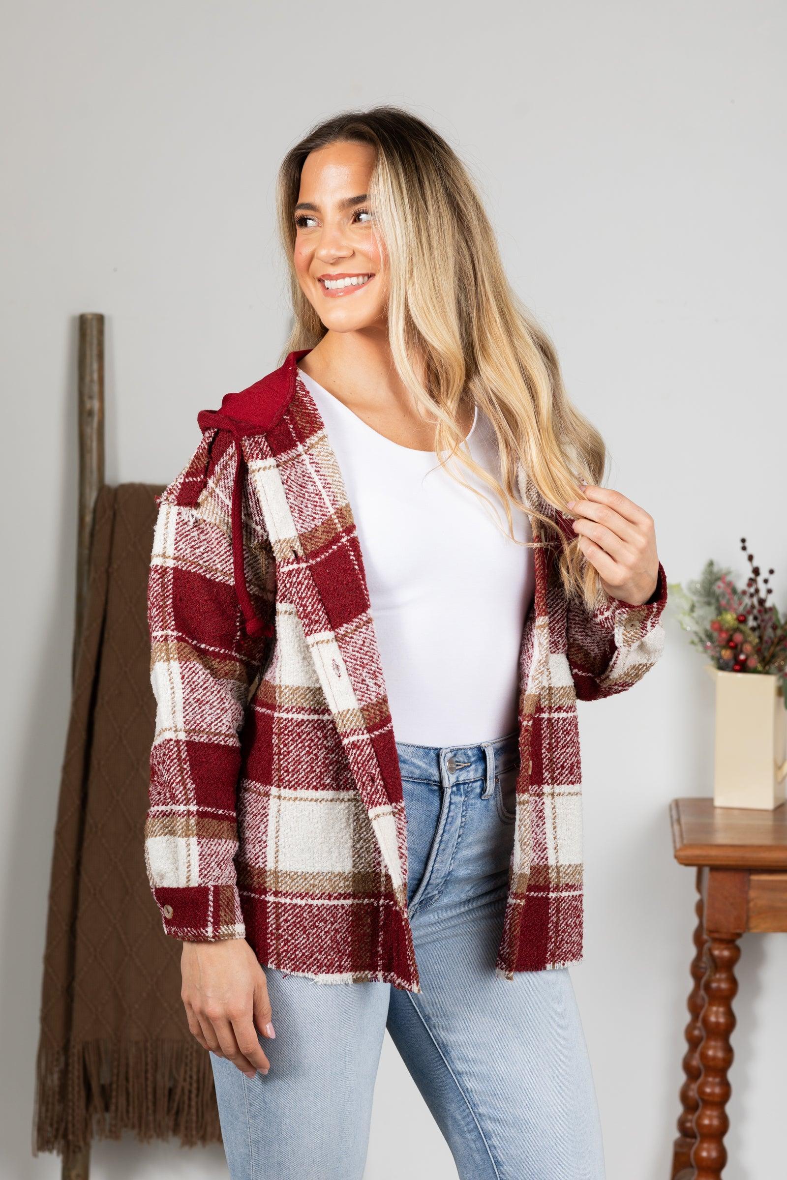 Wine Oversized Plaid Casual Hoodie Shacket Product Image