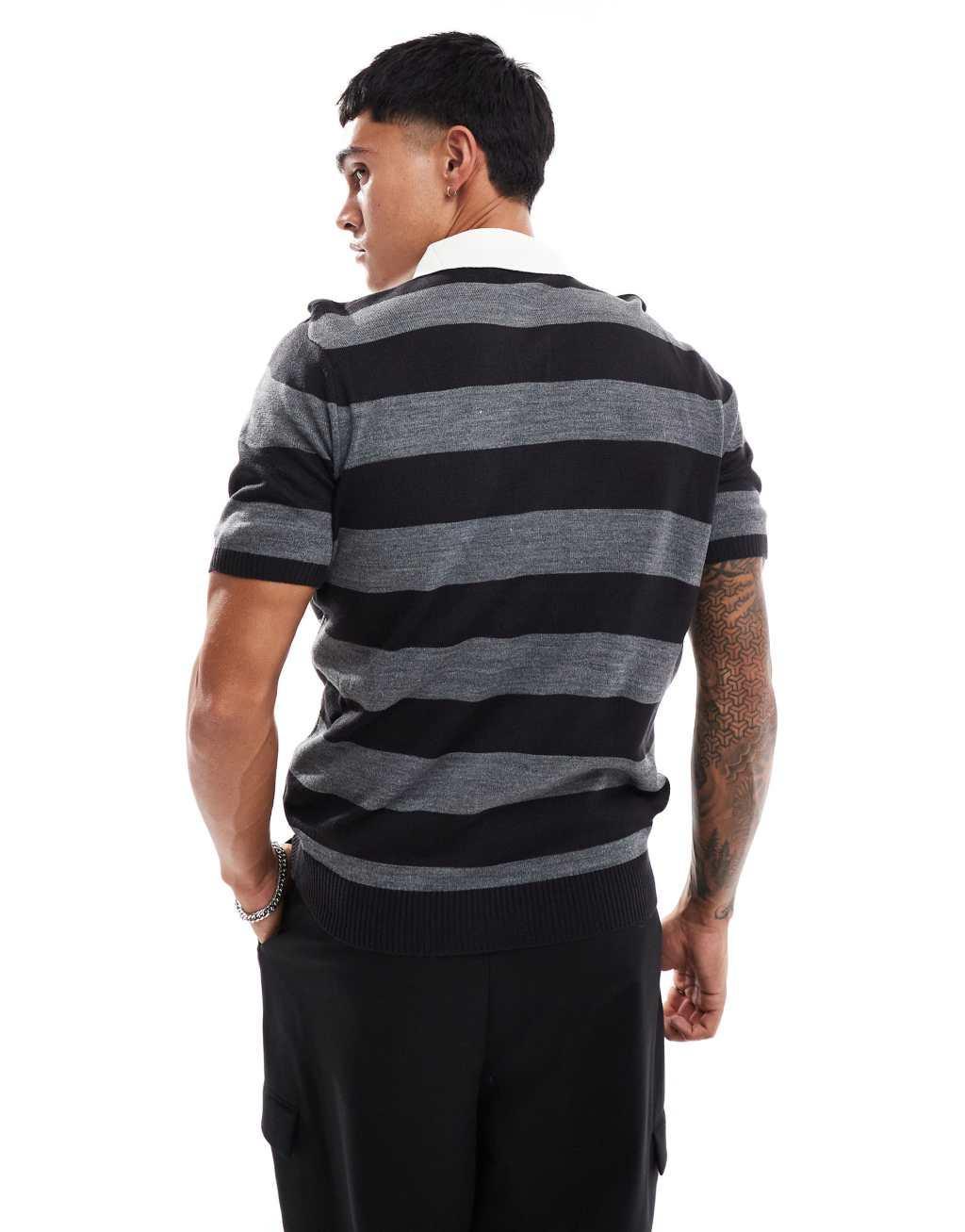 ASOS DESIGN short sleeve rugby polo in gray stripe Product Image