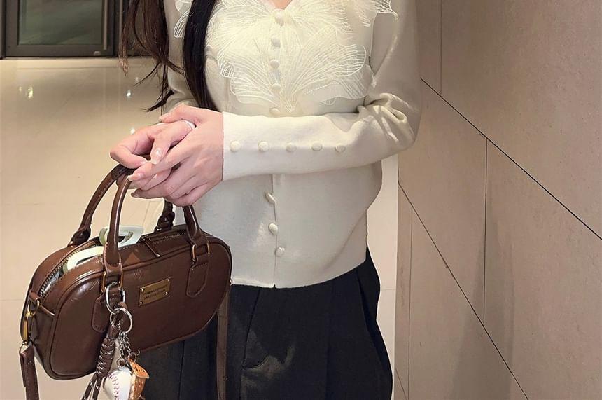 Long-Sleeve V-Neck Plain Lace Panel Button Accent Top Product Image