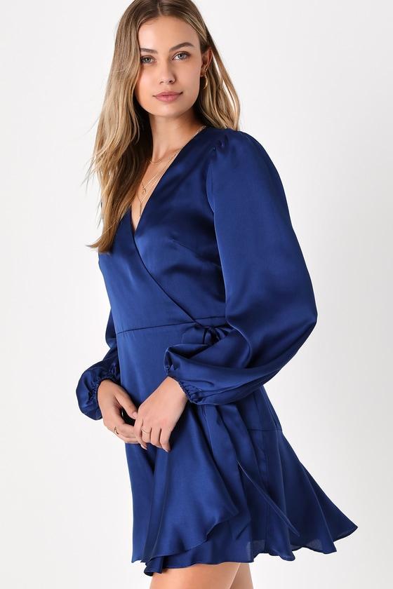 Flirting with Fancy Navy Blue Satin Long Sleeve Wrap Mini Dress Product Image