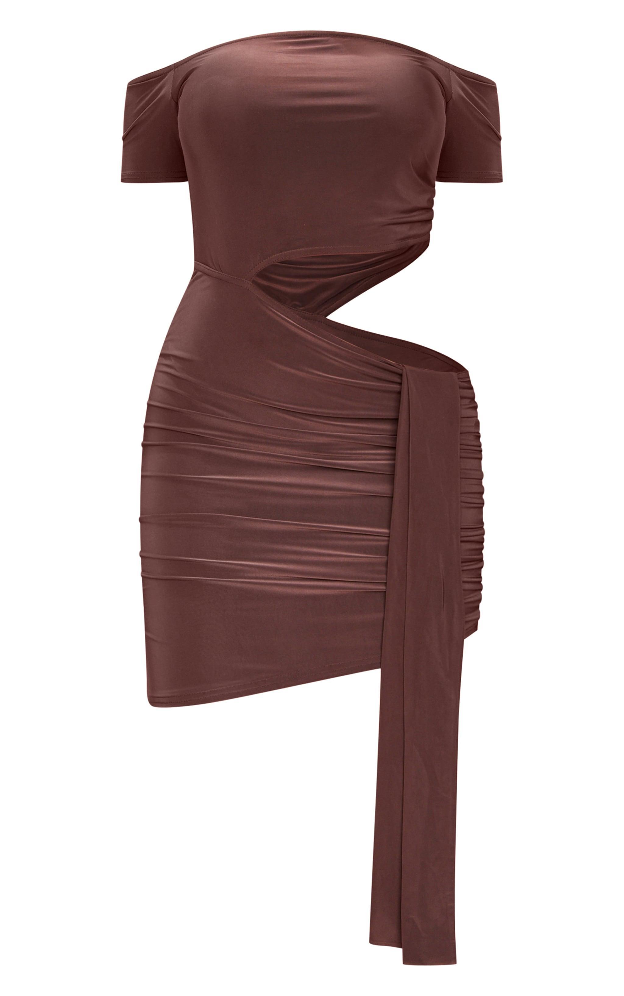 Chocolate Slinky Cut Out Ruched Mini Dress Product Image