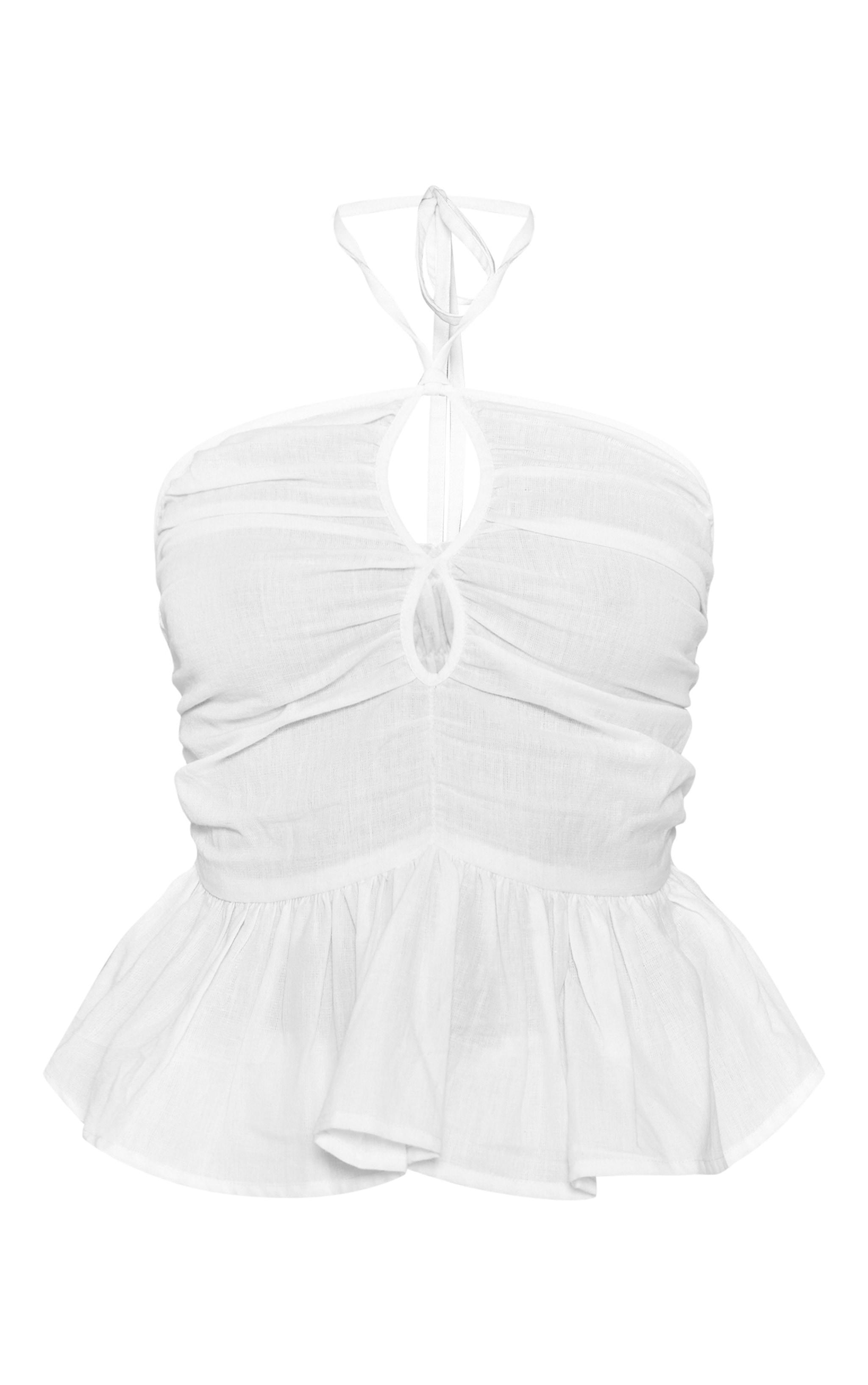 White Linen Look Pleated Cut Out Peplum Top Product Image