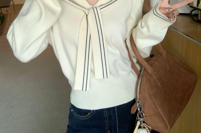 Long-Sleeve Sailor Collar Striped Trim Crop Top Product Image