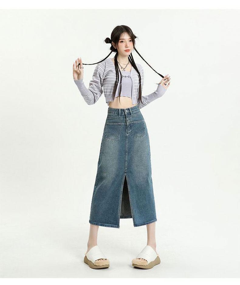 High Waist Front-Slit Denim Midi H-Line Skirt Product Image