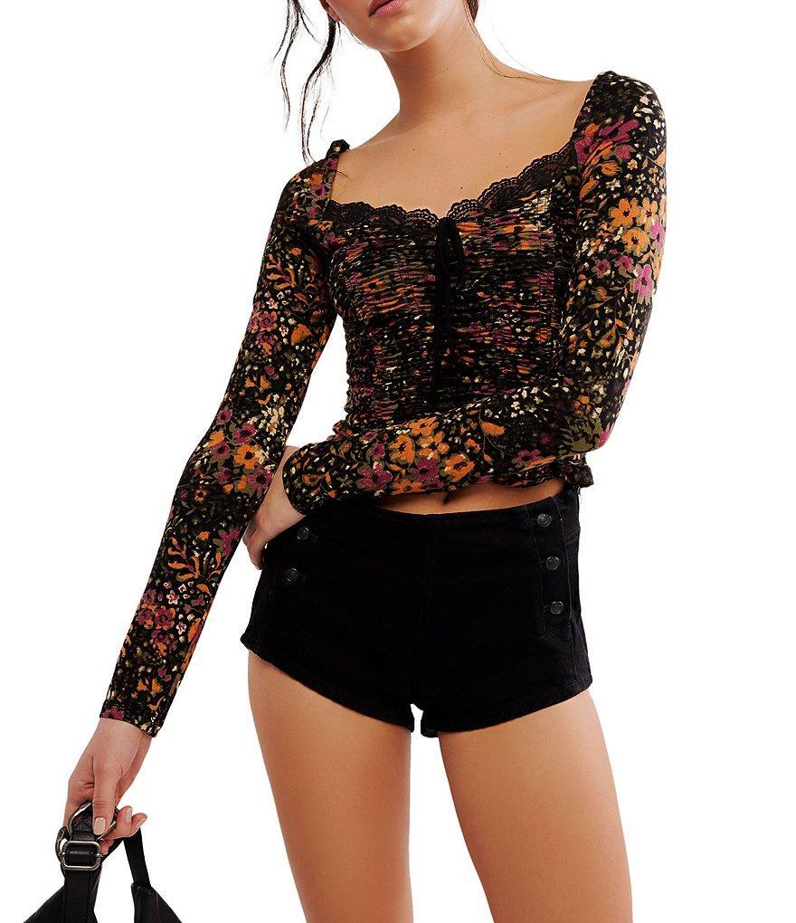 Free People Layer It On Me Floral Print Sweetheart Neck Long Sleeve Lace Trim Cropped Top Product Image