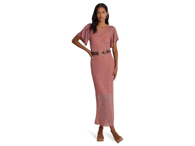 LAUREN Ralph Lauren Belted Linen-Blend Pointelle-Knit Dress Mahogany) Women's Dress Product Image