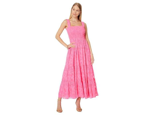 Lilly Pulitzer Hadly Smocked Maxi Dress (Roxie Poly Crepe Swirl Clip) Women's Clothing Product Image