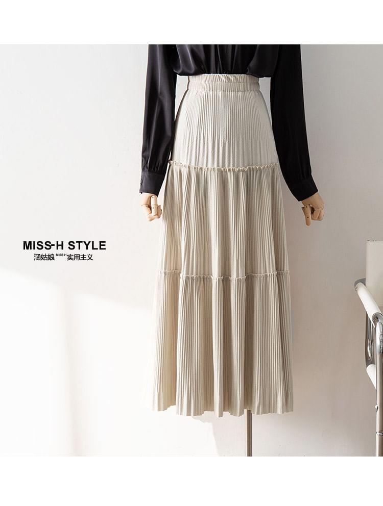 High Waist Plain Pleated A-Line Midi Skirt product image