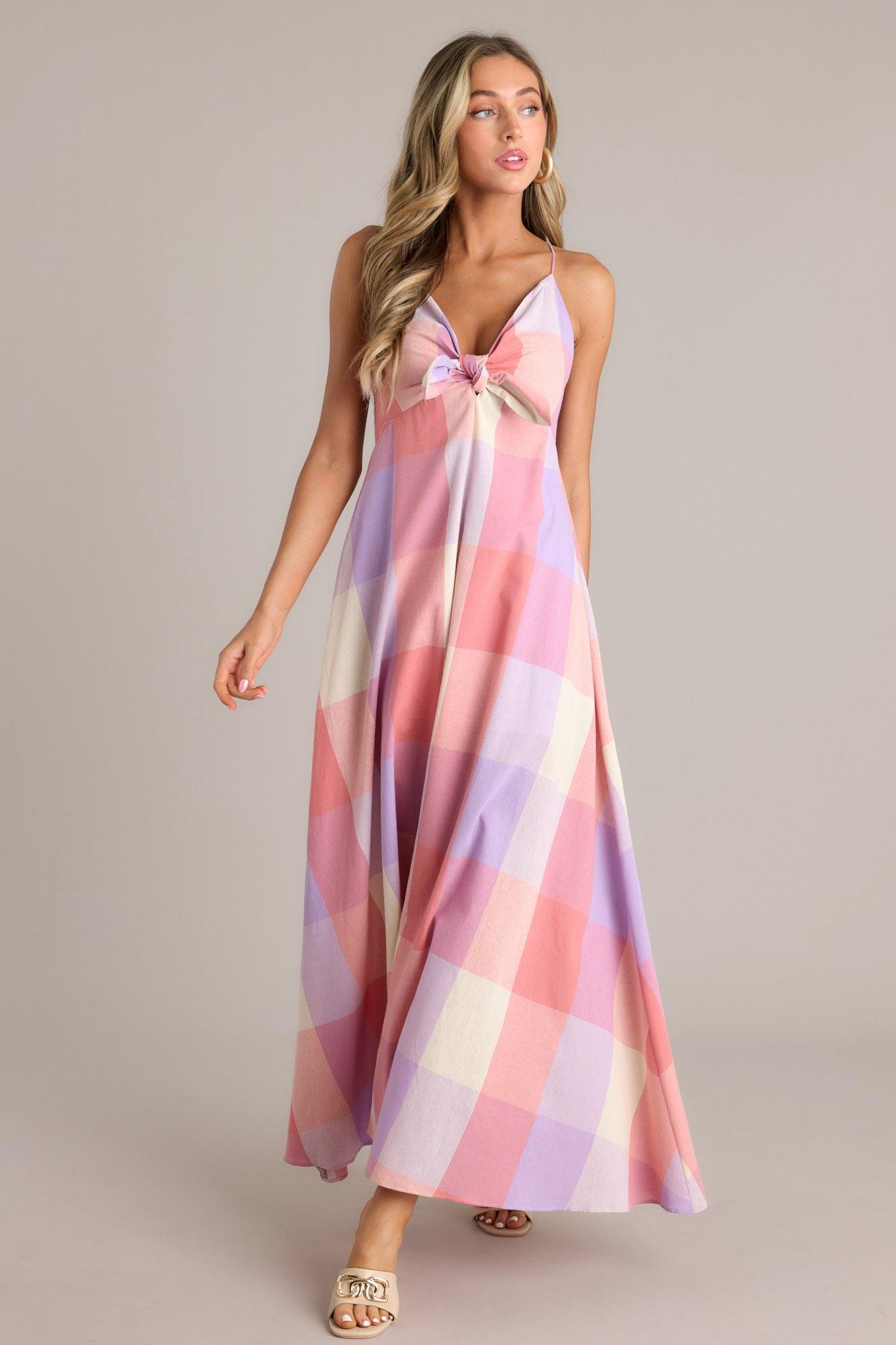 Pastel Dreams Pink Multi Plaid Cotton Blend Maxi Dress Product Image