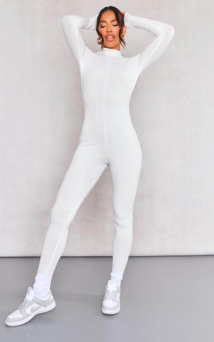 Cream Ribbed High Neck Zip Long Sleeve Jumpsuit Product Image