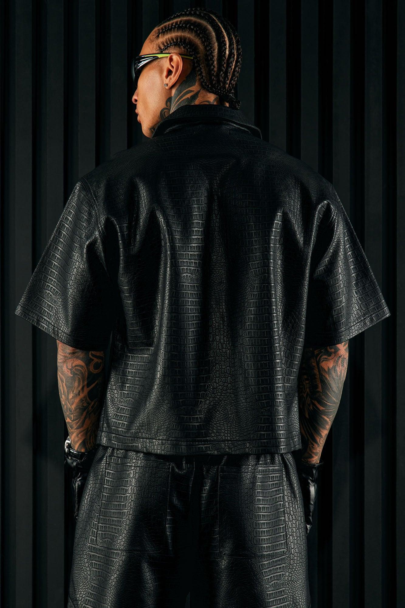 Gotta Run Faux Croc Leather Cropped Button Up Shirt - Black Product Image