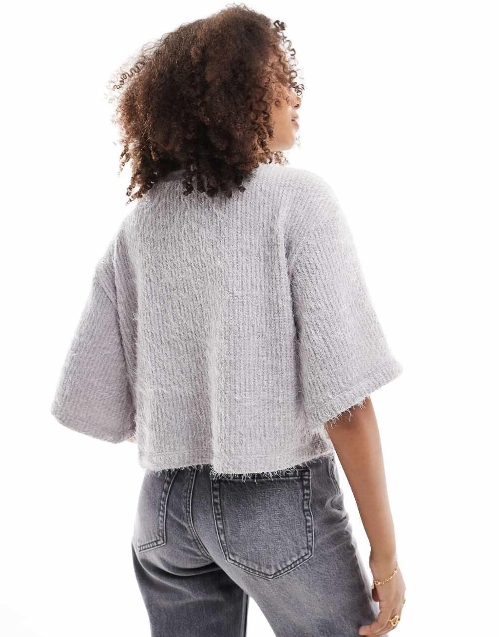 ASOS DESIGN fluffy boucle texture boxy cardigan in gray Product Image