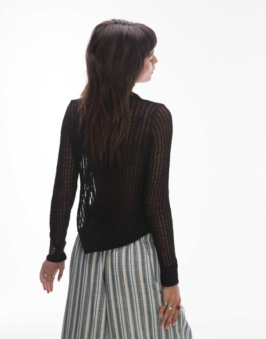 Topshop knitted open stitch asymmetric top in black  Product Image