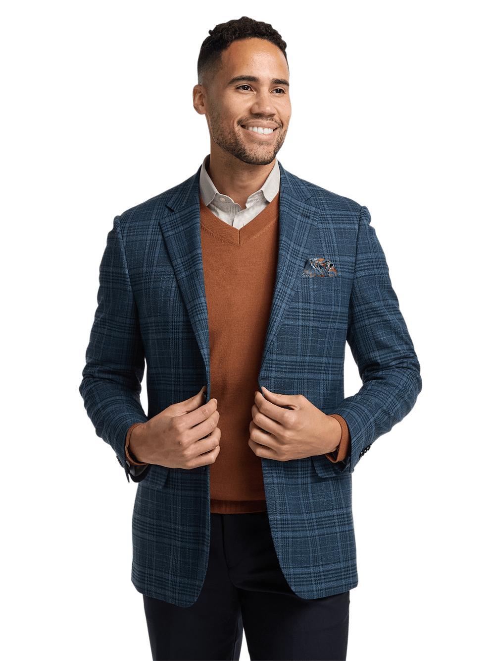 Microfiber Plaid Single Breasted Notch Lapel Sport Coat - Navy Product Image