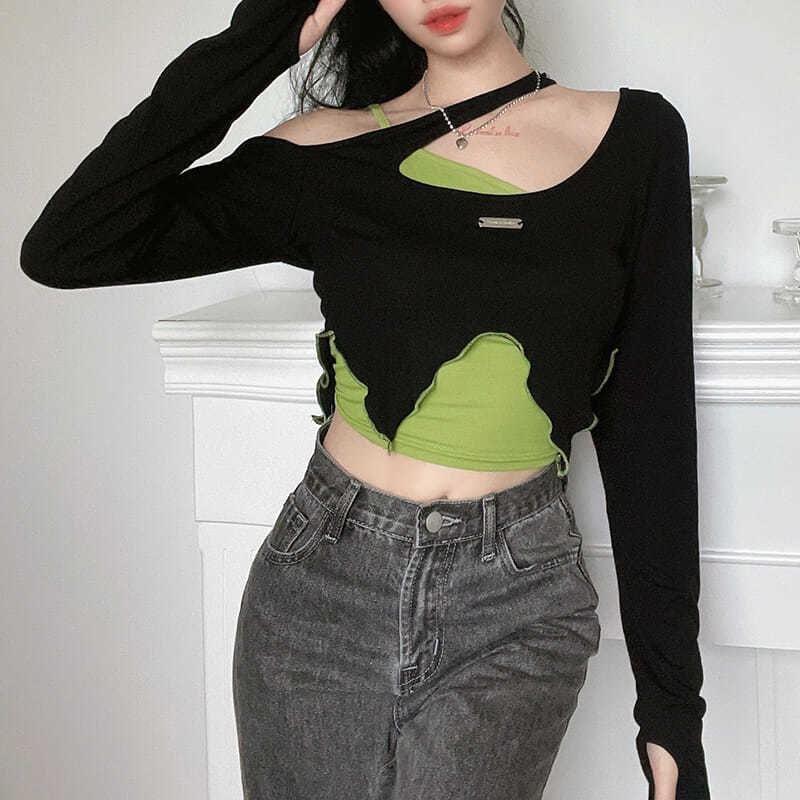 Set: Long Sleeve Cold Shoulder Contrast Stitch Crop Top + Plain Camisole Top Product Image