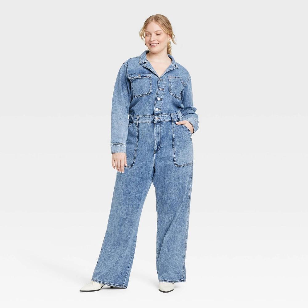 Womens Long Sleeve Utility Baggy Denim Jumpsuit - Universal Thread Medium Wash 17 Product Image