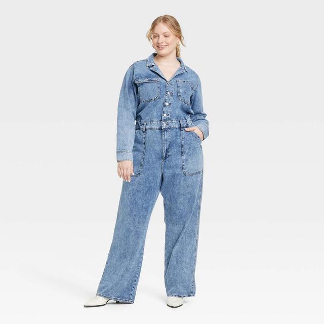 Womens Long Sleeve Utility Baggy Denim Jumpsuit - Universal Thread Medium Wash 18 Product Image