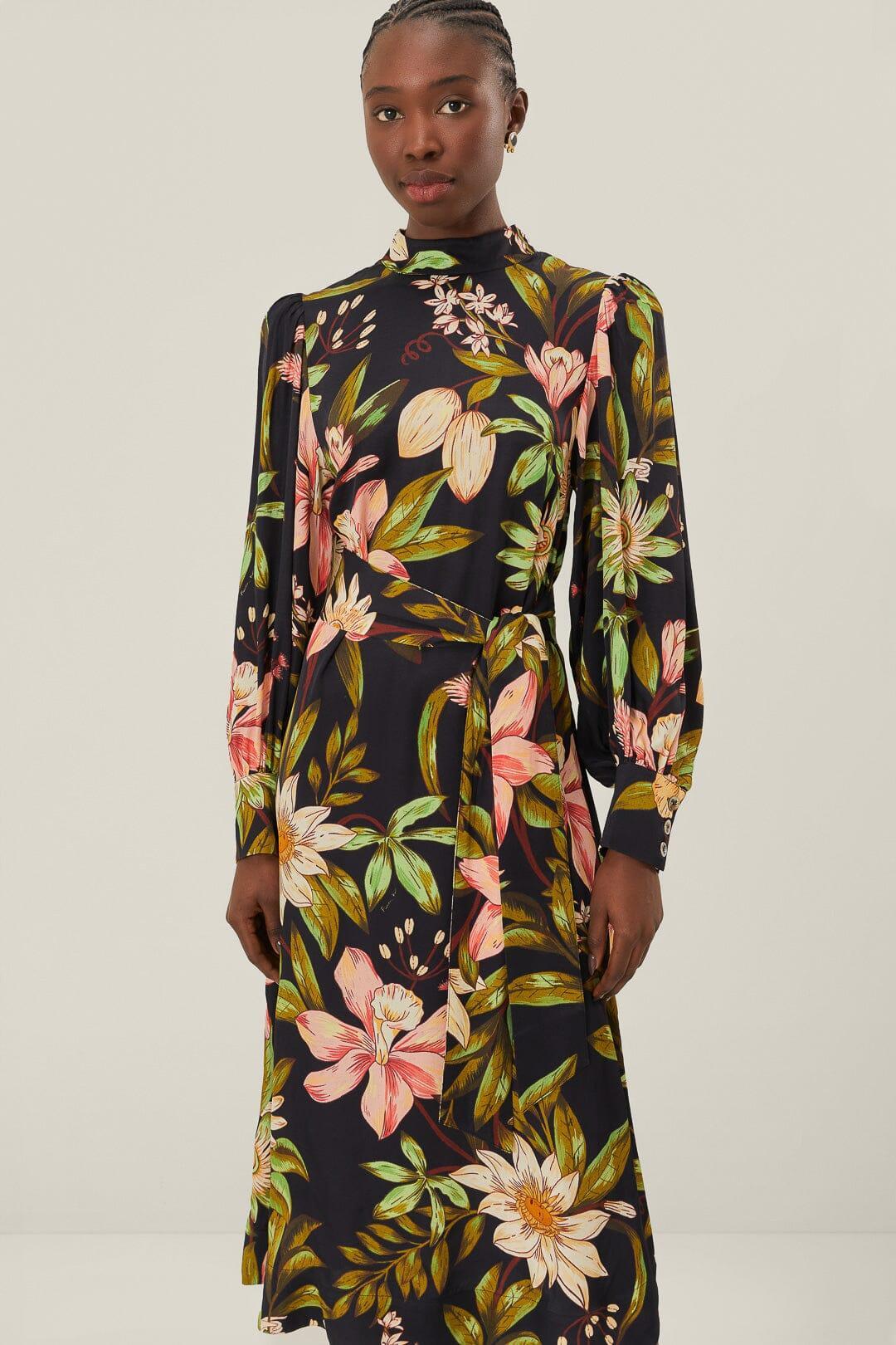 Black Surreal Flowers High Neck Midi Dress Product Image