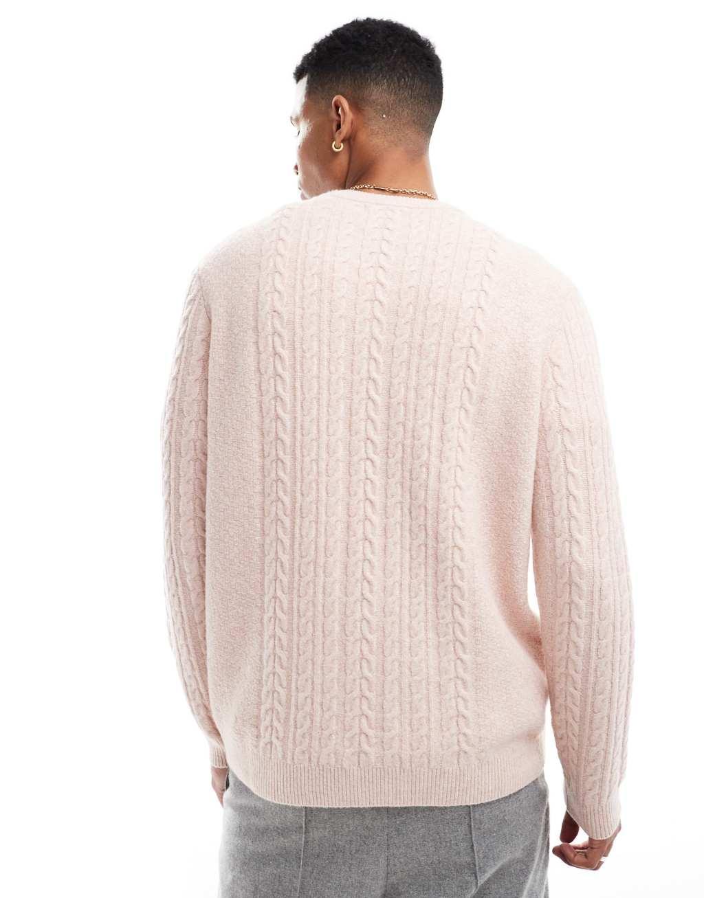 ASOS DESIGN relaxed slouchy crew neck cable knit sweater in pink Product Image