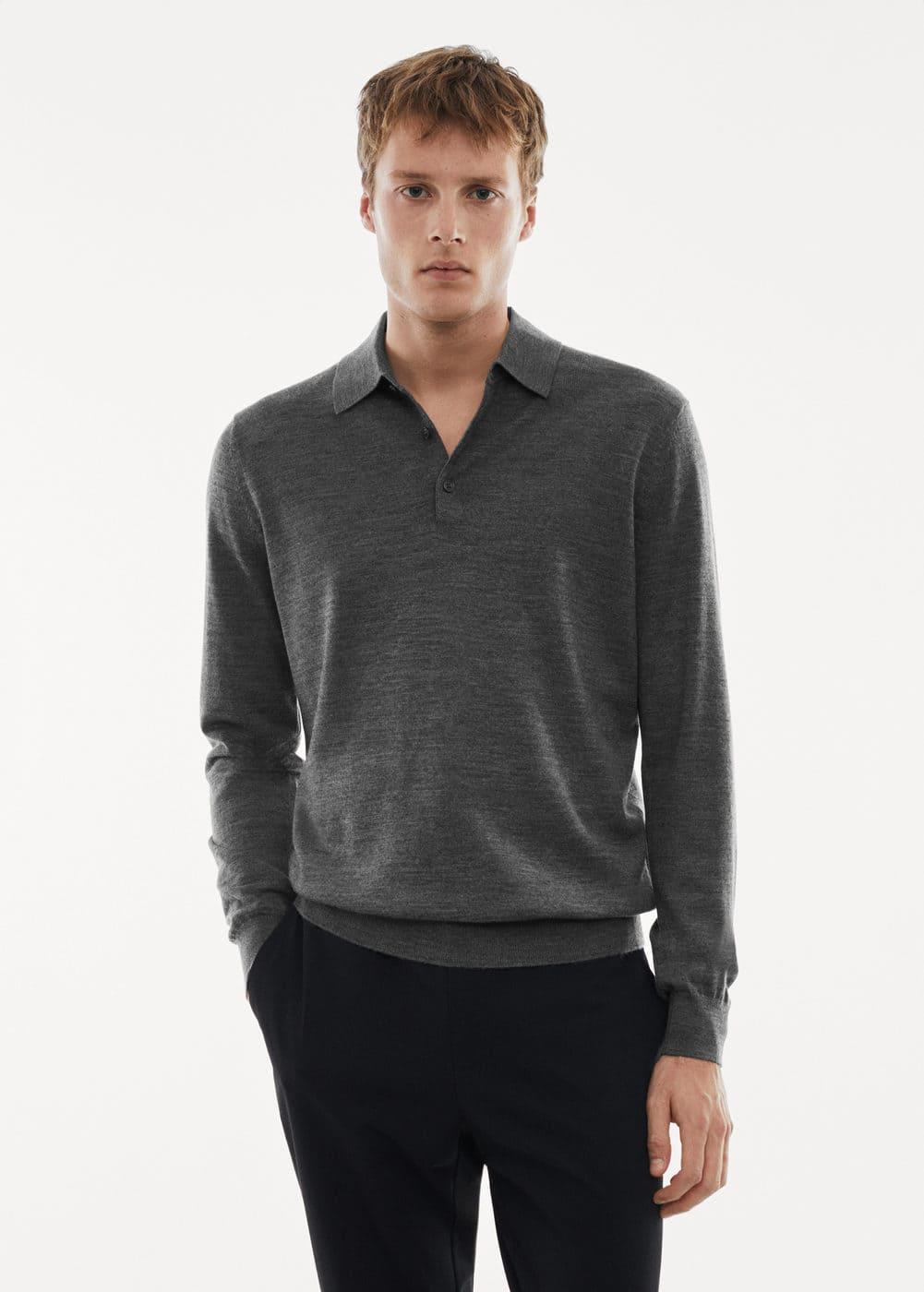 MANGO MAN - 100% merino wool long- sleeved polo shirt medium greyMen Product Image