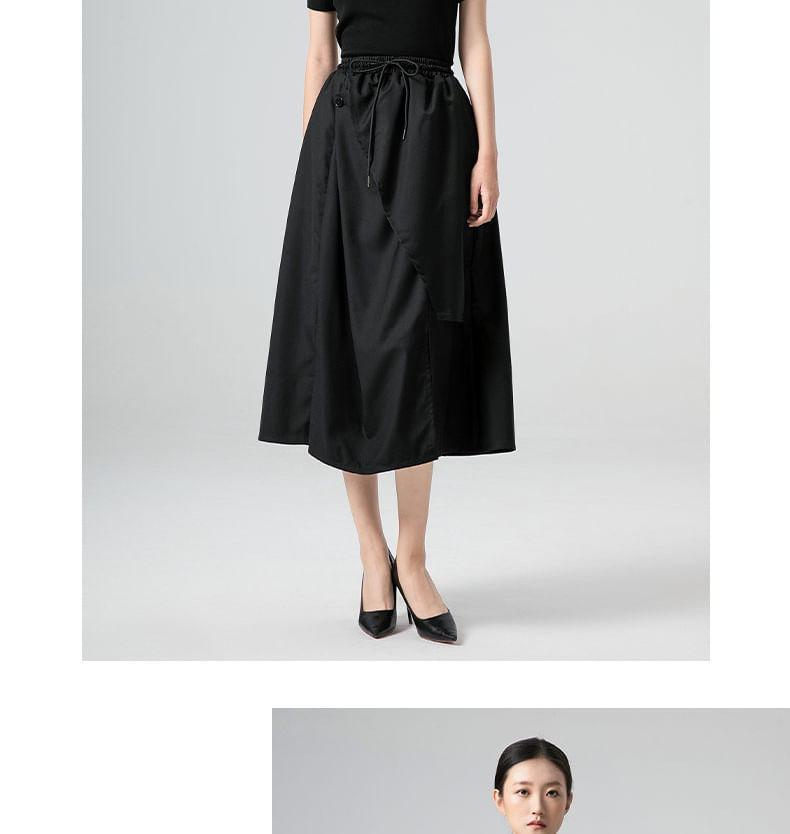 Drawstring Waist Plain Buttoned Slit Midi A-Line Skirt Product Image