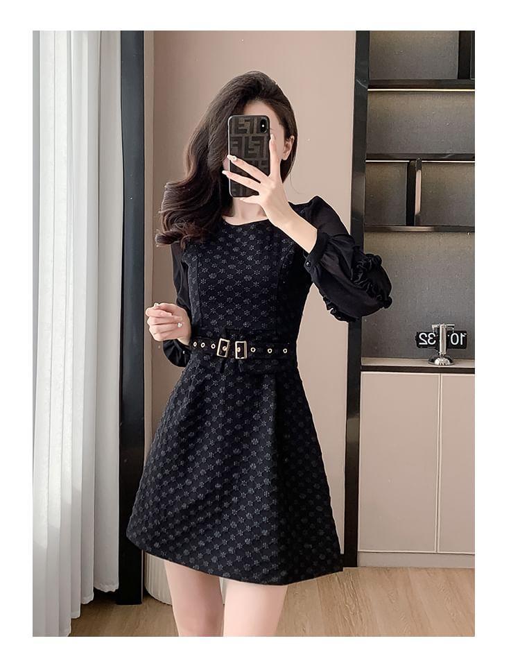 Long-Sleeve Round Neck Floral Mini A-Line Dress Product Image