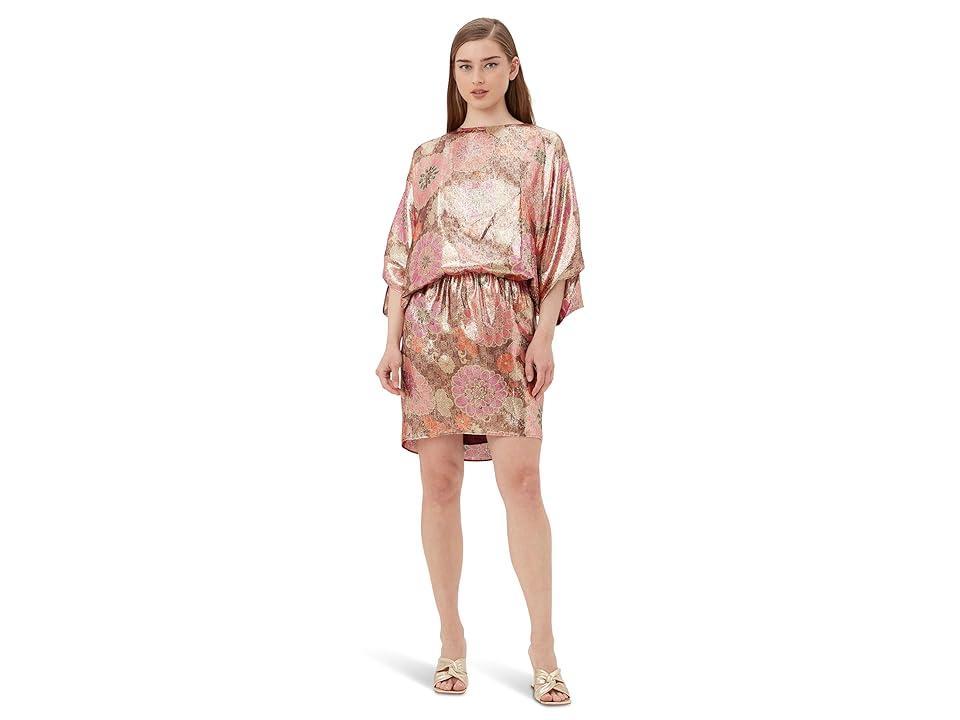 Trina Turk Manhattan Metallic Floral Print Boat Neck 34 Dolman Sleeve Blouson Dress Product Image