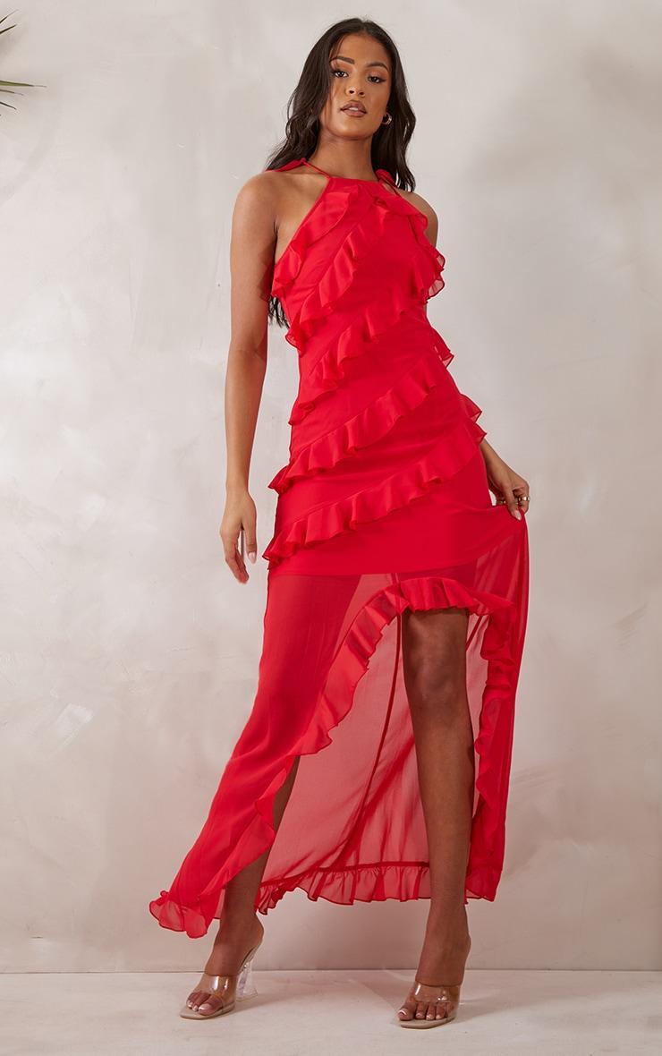 Tall Red Strappy Frilled Maxi Dress Product Image