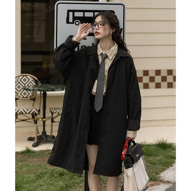 Collared Plain Midi Button Trench Jacket Product Image