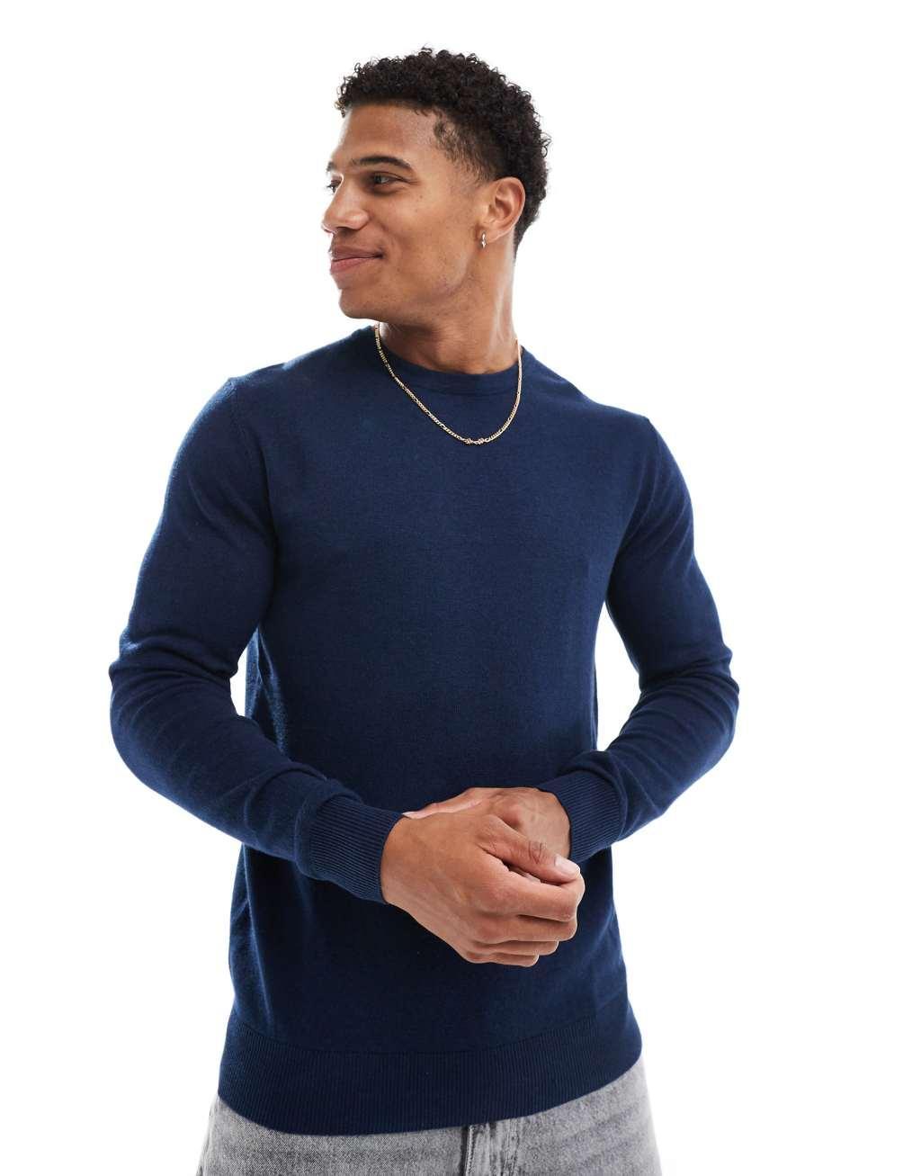 Jack & Jones fine gauge crew neck sweater in navy Product Image