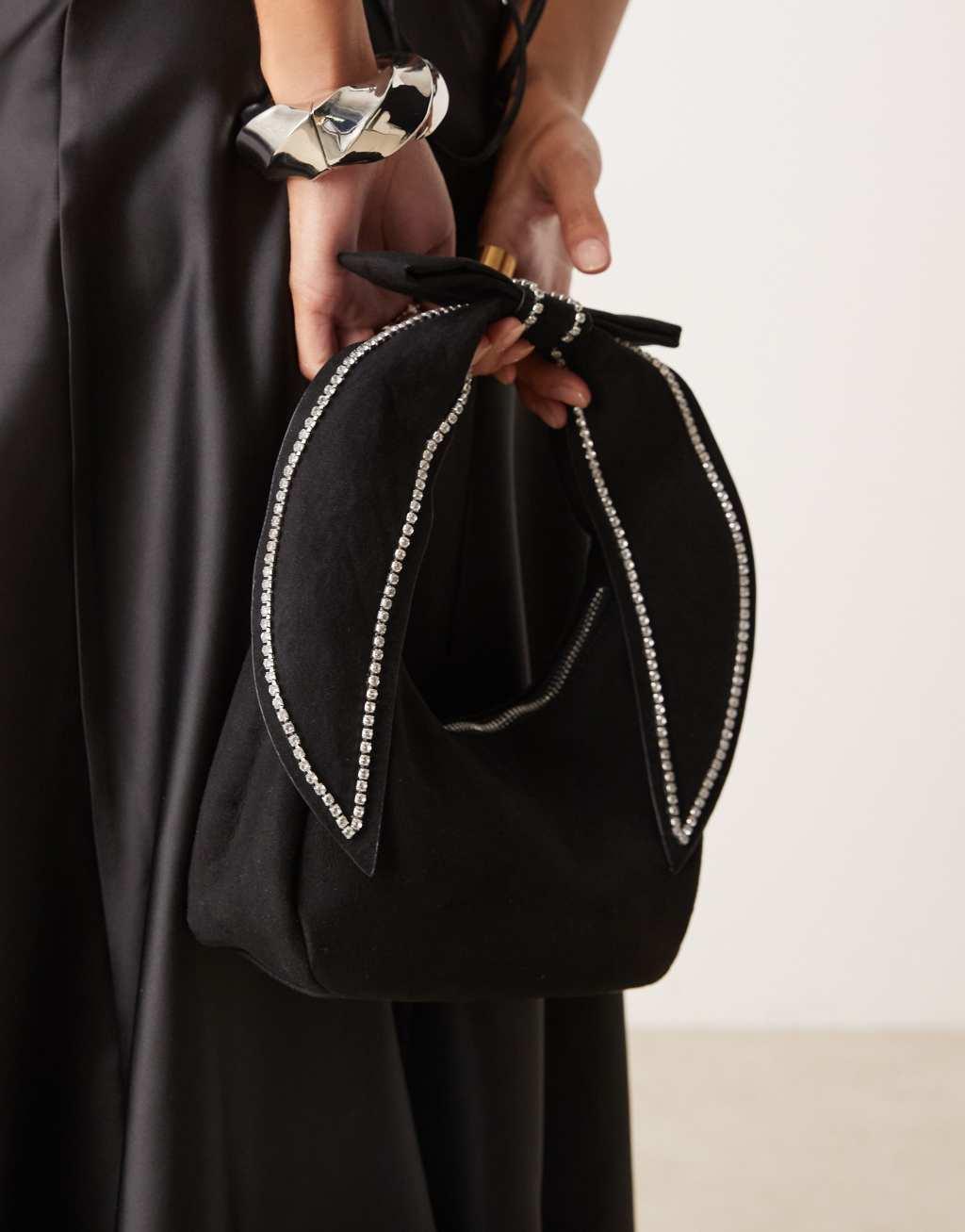 True Decadence bow handle grab bag with diamante detail in black Product Image