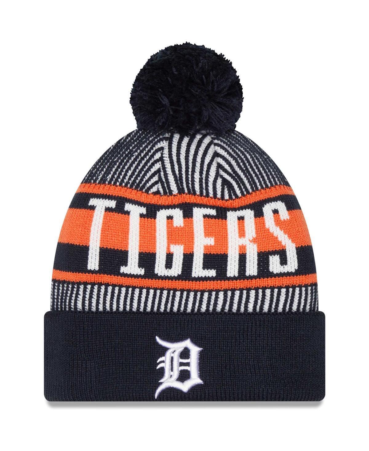 Mens New Era Detroit Tigers Striped Cuffed Knit Hat with Pom, Blue Product Image