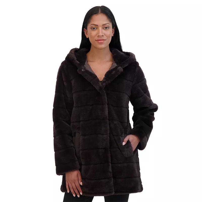 Womens Sebby Collection Hooded Reversible Faux-Fur Coat Brown Product Image