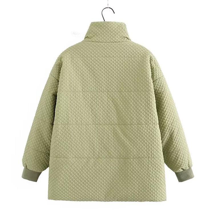 Plus Size Stand Collar Plain Padded Zip Jacket Product Image