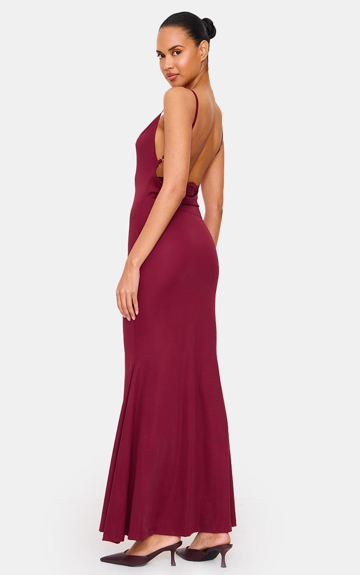 Burgundy Slinky Cowl Neck Lace Insert Detail Maxi Dress Product Image