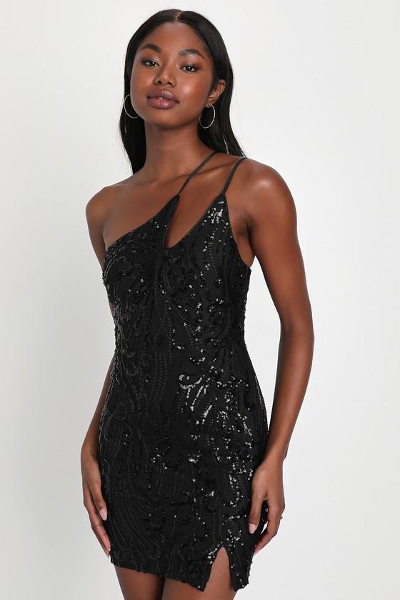 Alluring Shine Black Sequin One-Shoulder Mini Dress Product Image