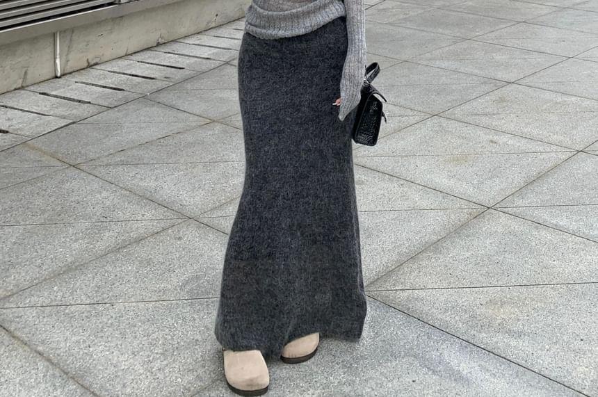 Long-Sleeve V-Neck Plain Sheer Slim Fit Knit Top / High Rise Maxi Mermaid Skirt Product Image