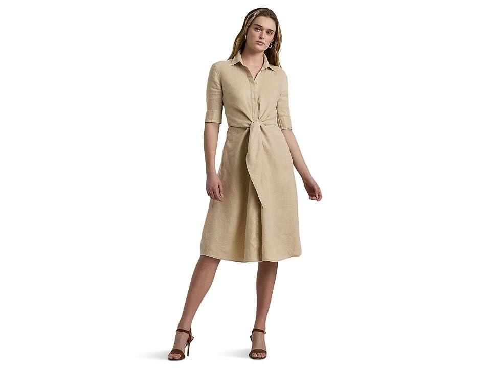 LAUREN Ralph Lauren Petite Tie-Front Linen Shirtdress (Explorer Sand) Women's Dress Product Image