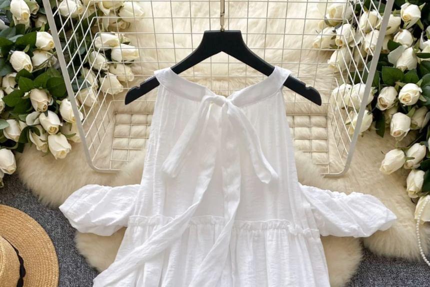 Puff-Sleeve Cold-Shoulder Plain Ruffle Sundress Product Image