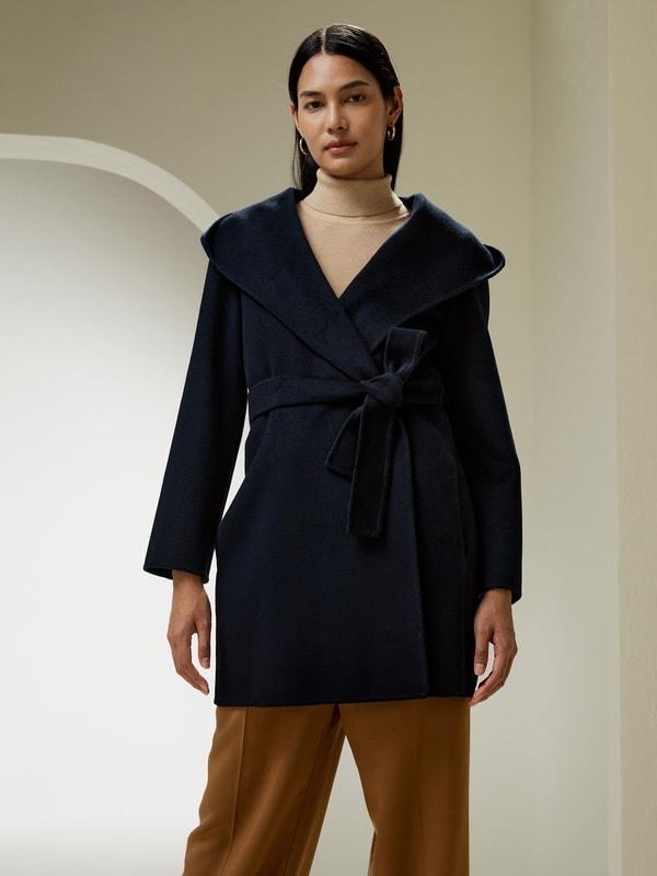 Cashmere-Wool-Blend Belted Short Hooded Coat Product Image