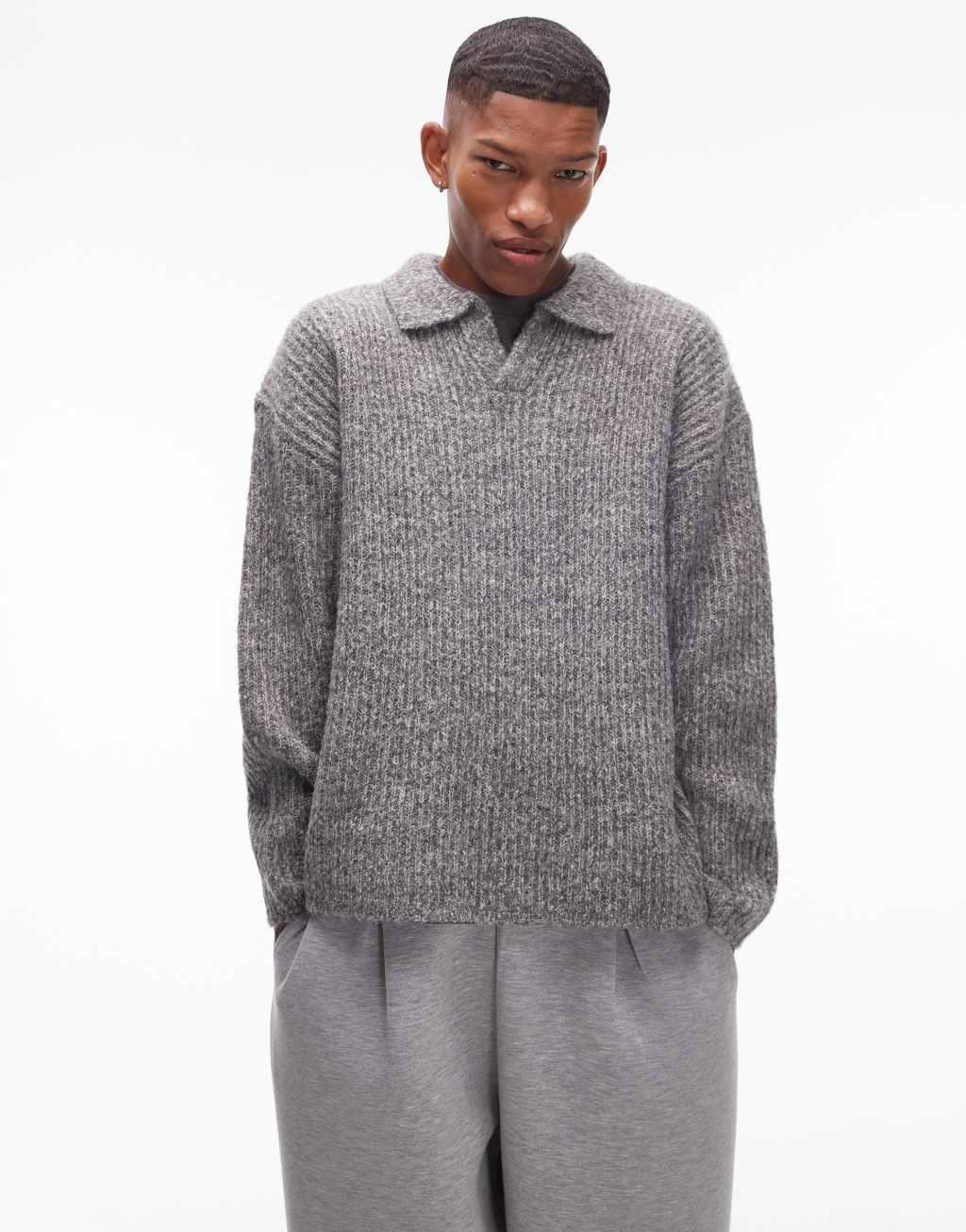 Topman relaxed open collar sweater in heather gray Product Image