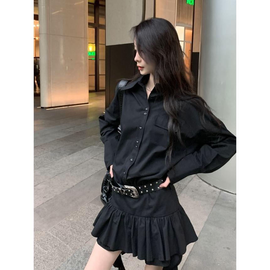 Long-Sleeve Plain Asymmetrical Mini A-Line Shirt Dress Product Image