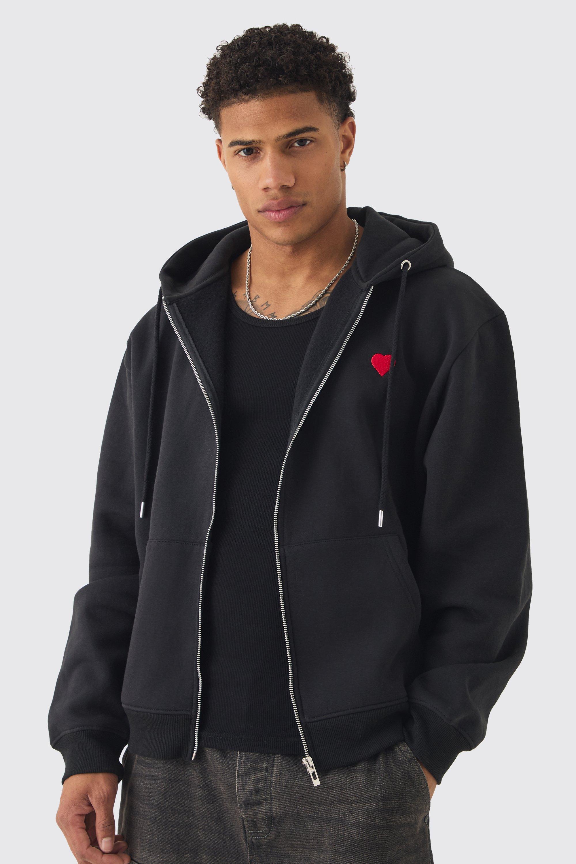 Oversized Boxy Zip Through Heart Embroidered Hoodie | boohooMAN USA Product Image