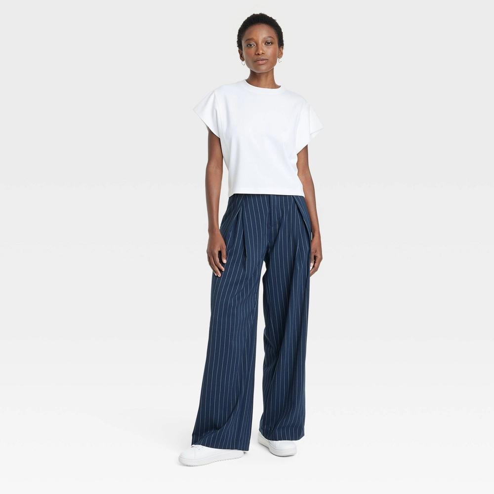 Women's High-Rise Wide Leg Pleated Front Trousers - A New Day™ Navy Pinstripe 4 Product Image