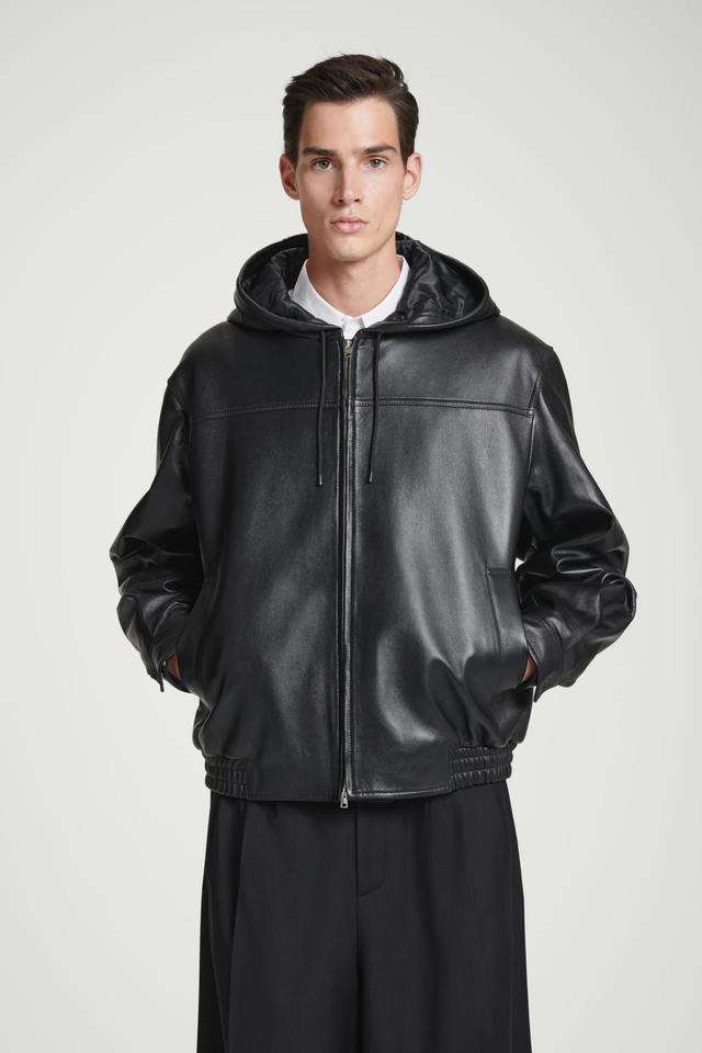 HOODED LEATHER BOMBER JACKET Product Image