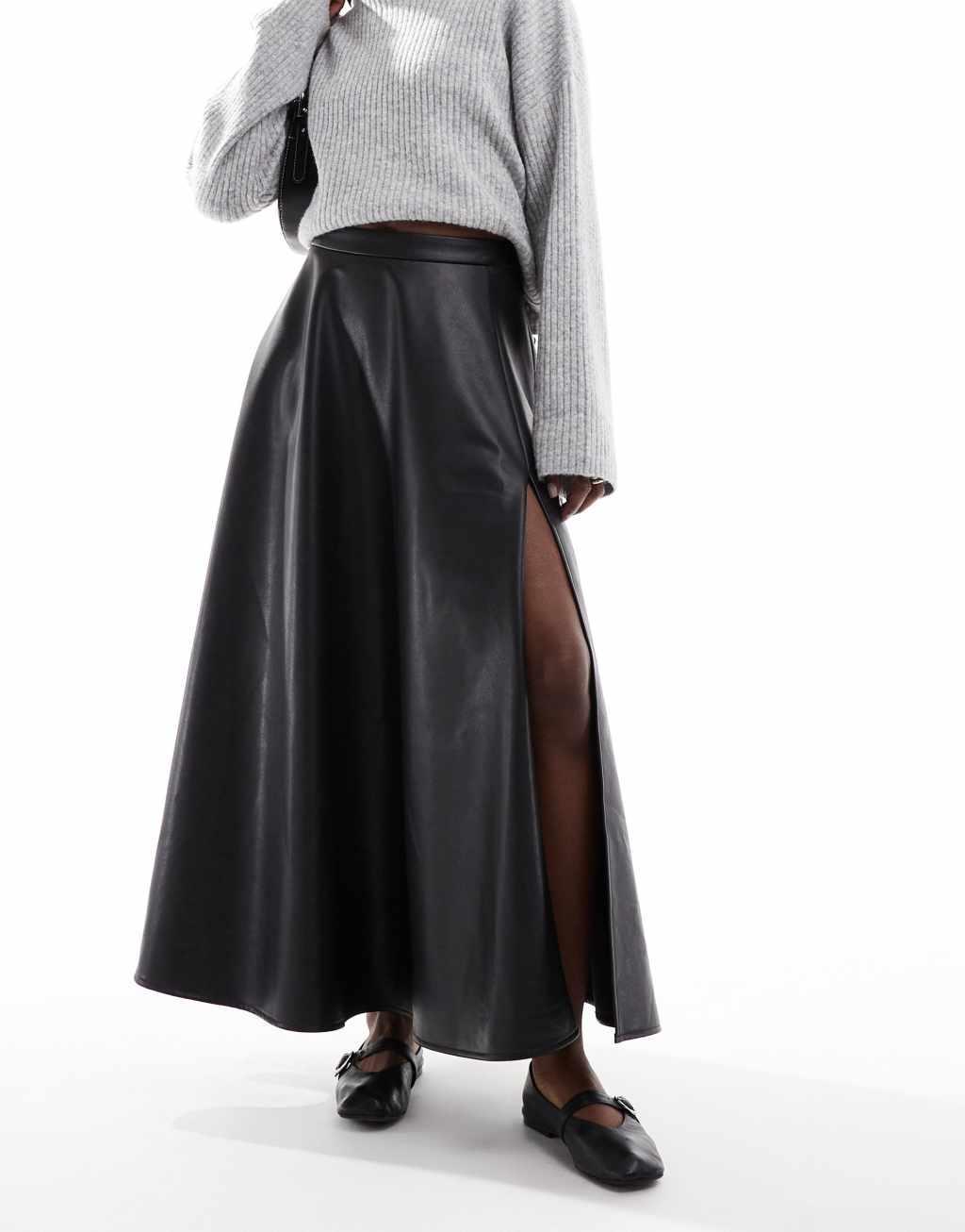 ASOS DESIGN leather look high split detail volume maxi skirt in black Product Image