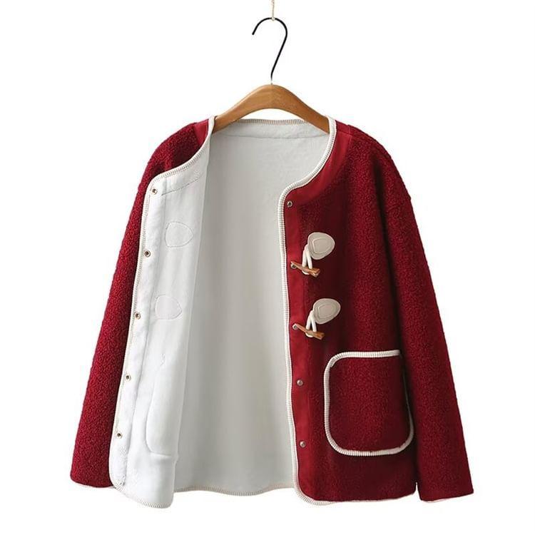 Plus Size Contrast Trim Fleece Toggle Jacket Product Image