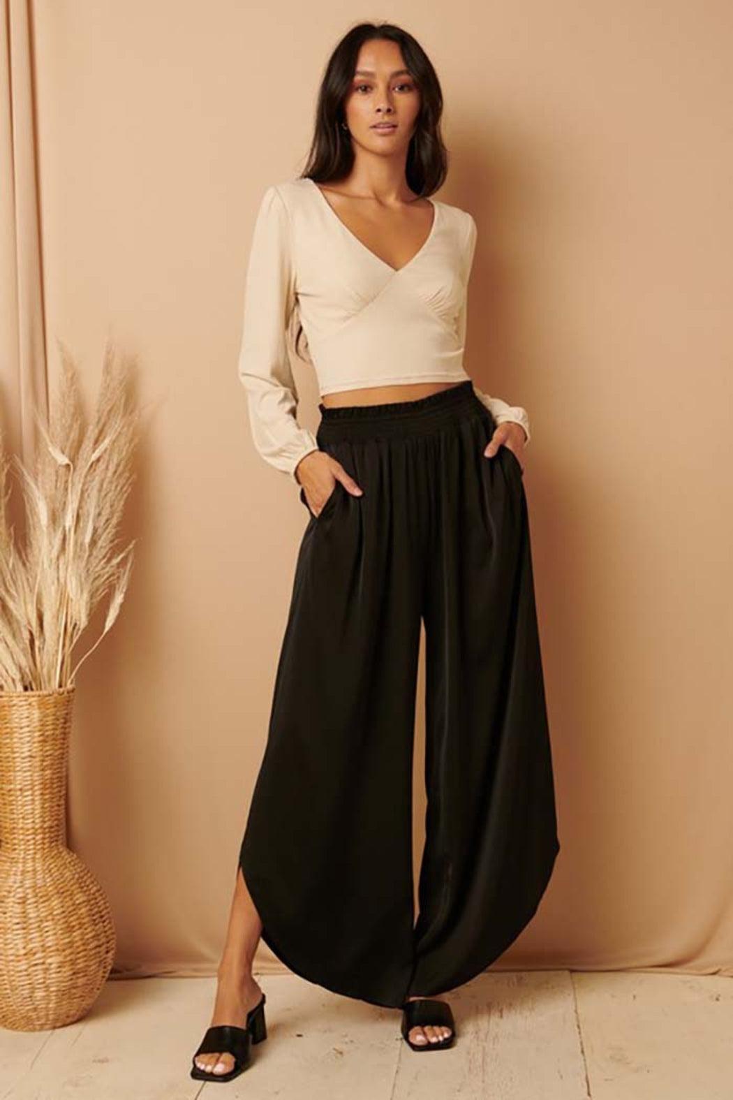 SMOCKING WAIST BAND WIDE LEG PANTS Female Product Image